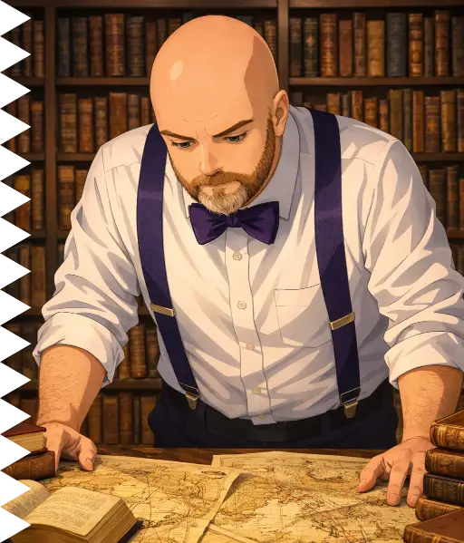 bald man in suspenders looking over a table of maps